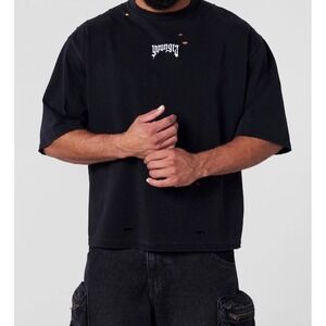 Mens YoungLA Distressed Black T-Shirt Short Sleeve Graphic Tee Cropped Large New
